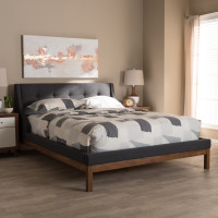 Baxton Studio BBT6696-Dark Grey-Queen Louvain Modern and Contemporary Dark Grey Fabric Upholstered Walnut-Finished Queen Sized Platform Bed